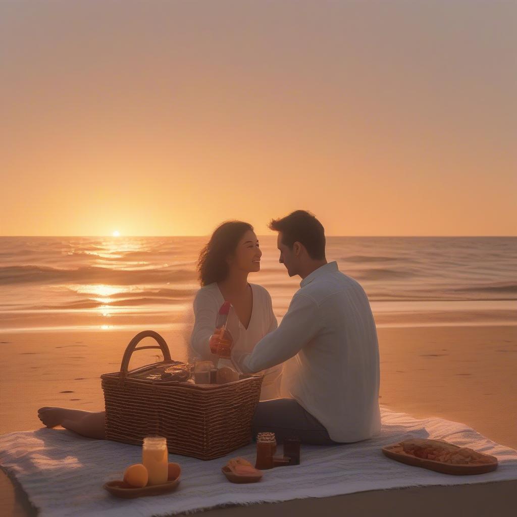 A couple enjoying a romantic picnic on the beach as the sun sets.