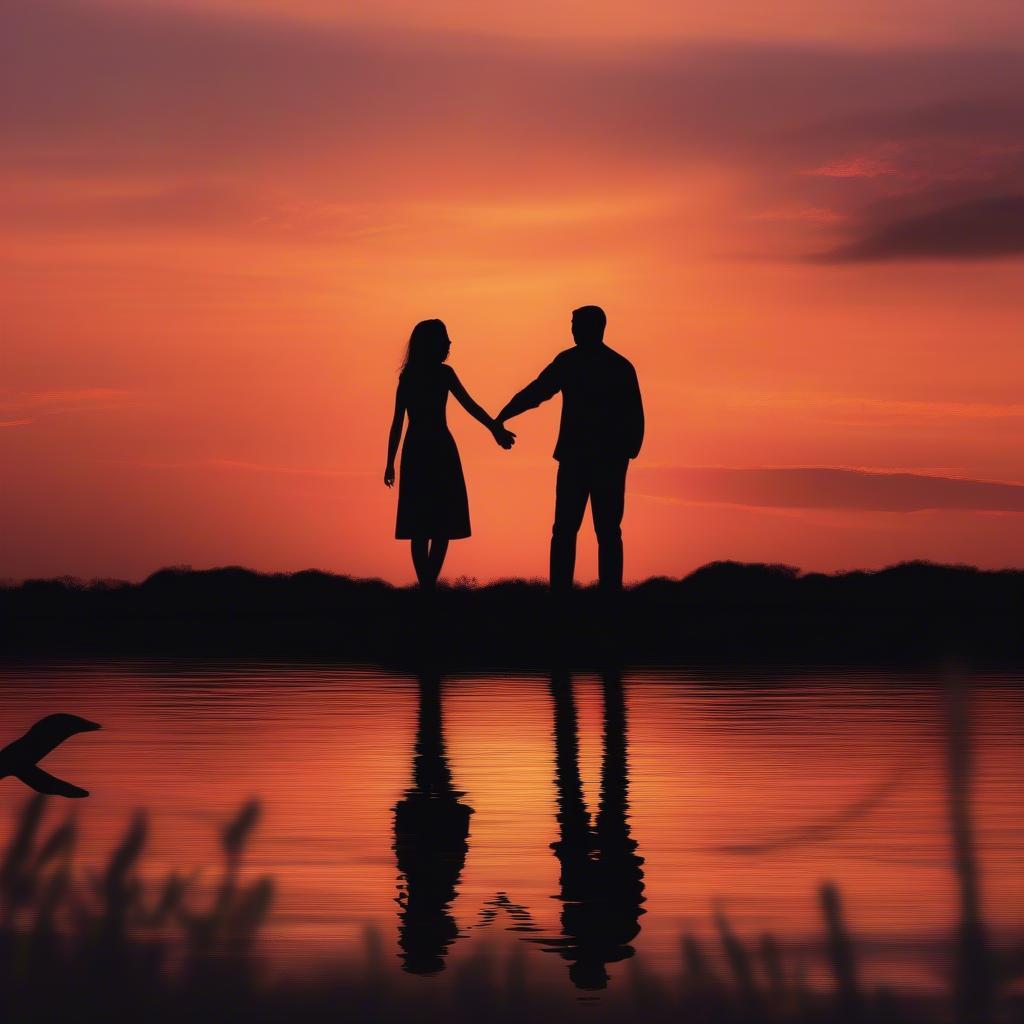 Silhouette of a couple holding hands against a vibrant sunset backdrop