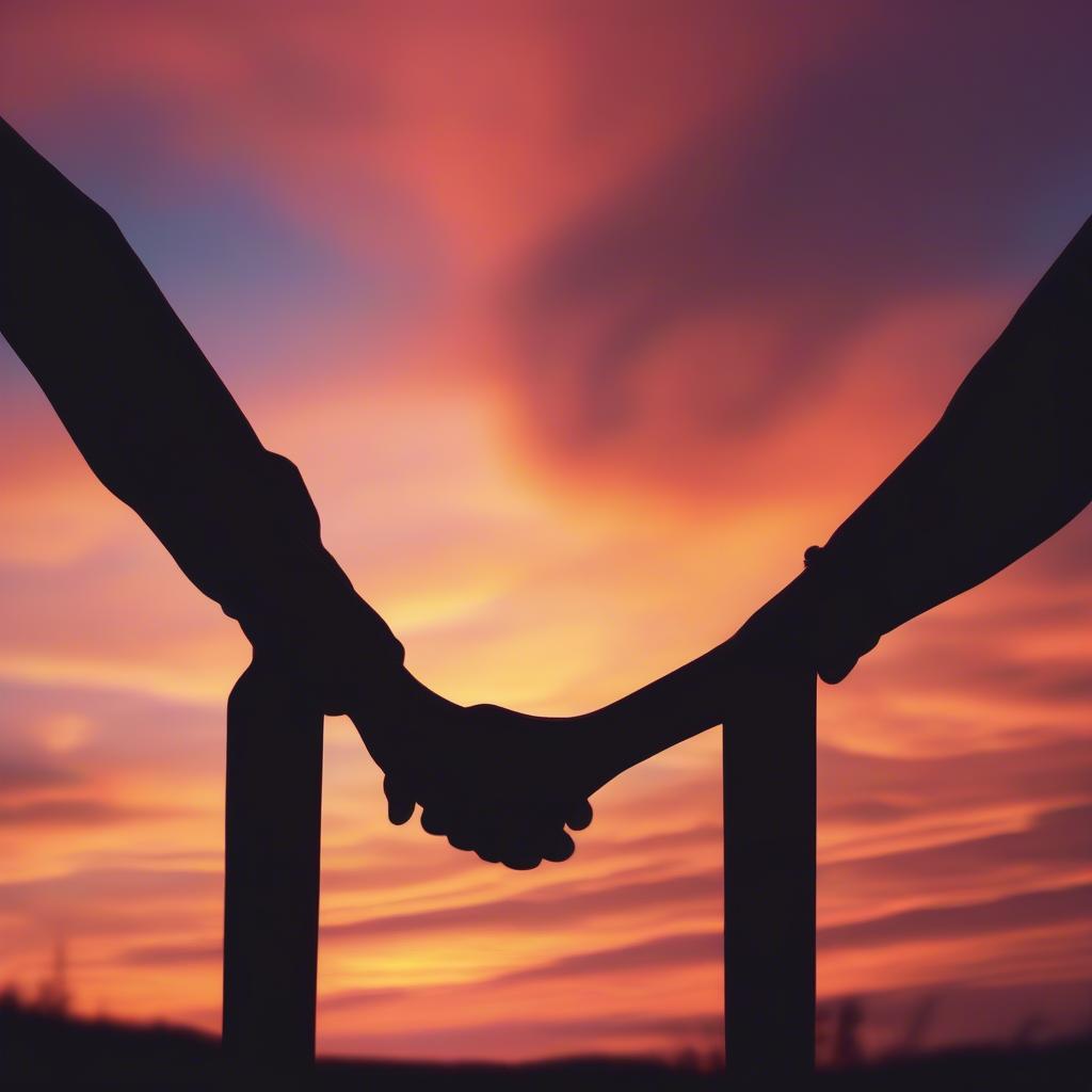 Couple holding hands while watching a sunset.