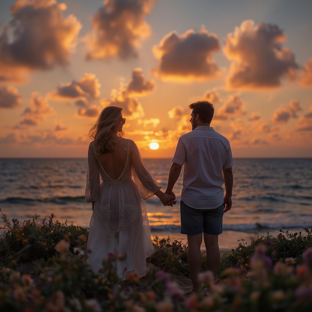 Couple holding hands watching the sunset over the ocean with a love quote.