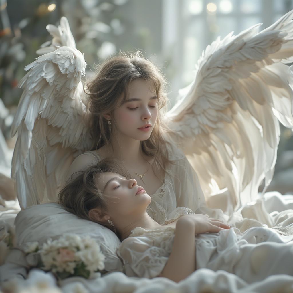 Angelic Protection: An angel stands guard over a sleeping human, symbolizing the protective and selfless nature of supernatural love.