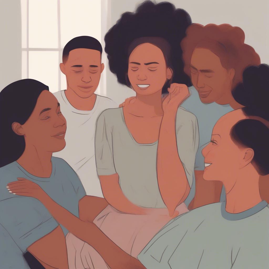 Group of friends comforting a woman, representing a support system.