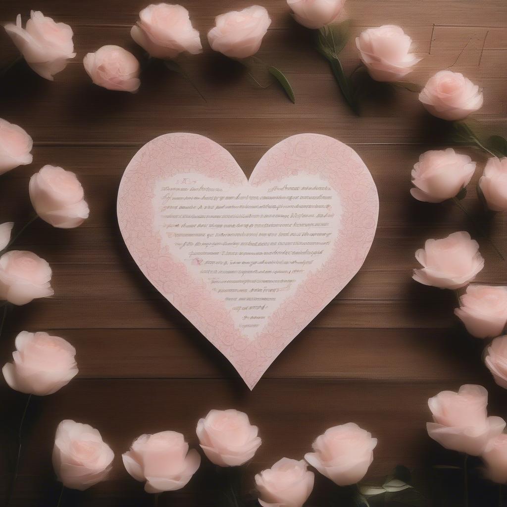 Romantic Tagalog love quotes written on a heart-shaped piece of paper, adorned with delicate flowers and soft lighting.