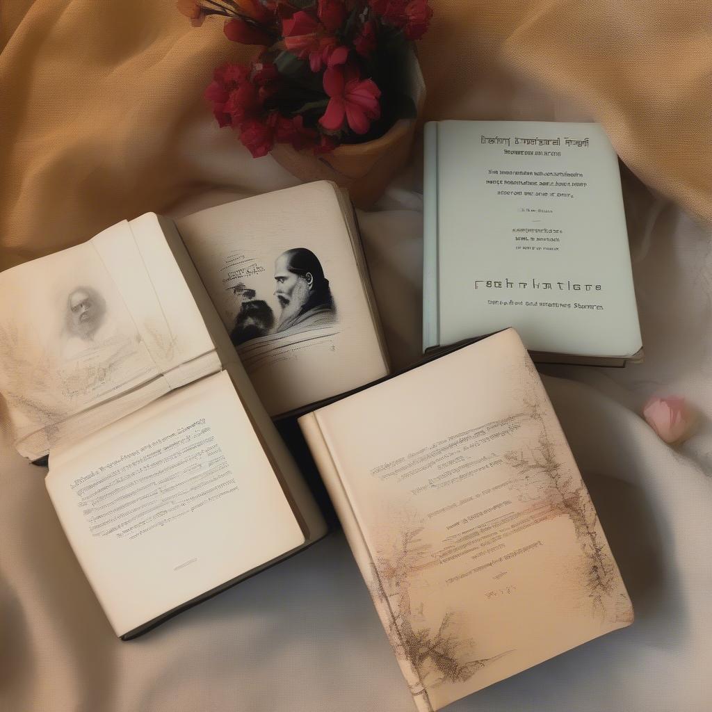 Collection of Rabindranath Tagore's books with highlighted love quotes in English translation.