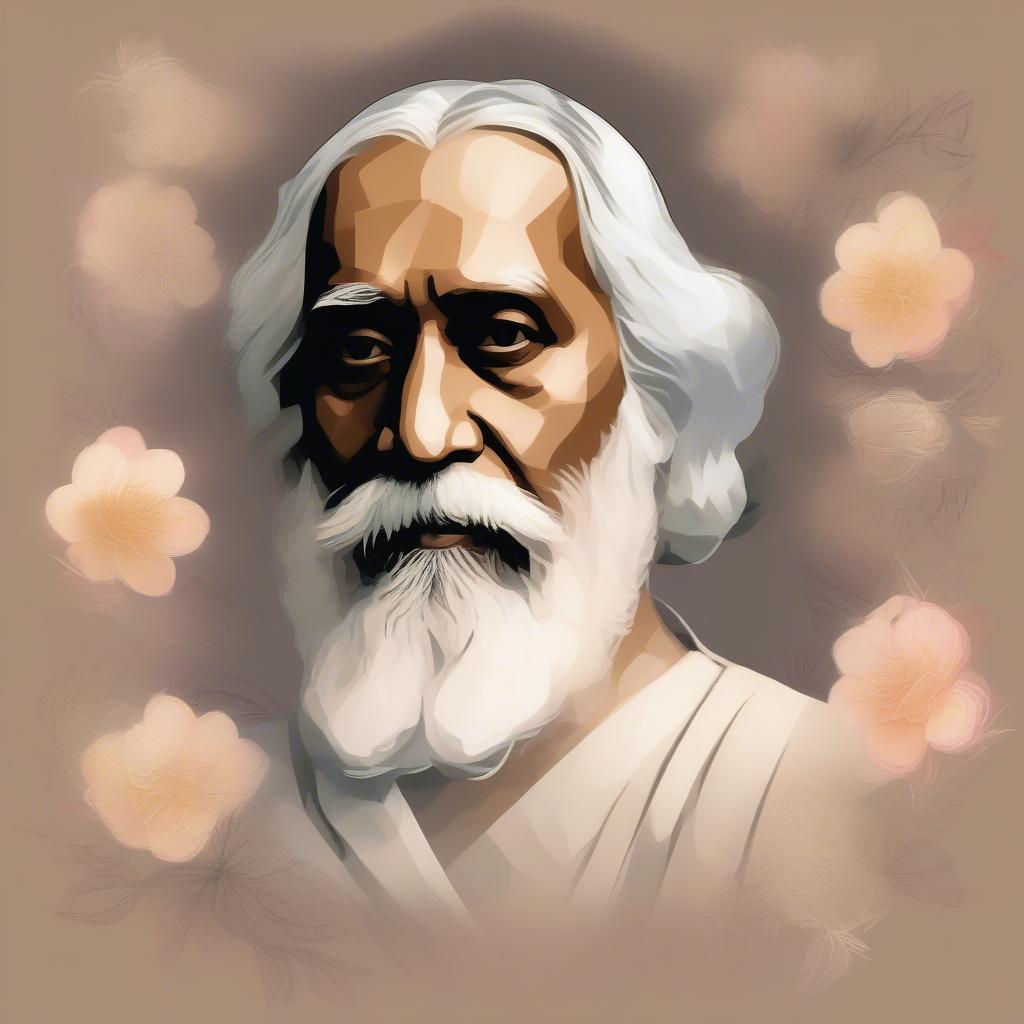 Rabindranath Tagore's portrait with a background of his love quotes in Bengali and English