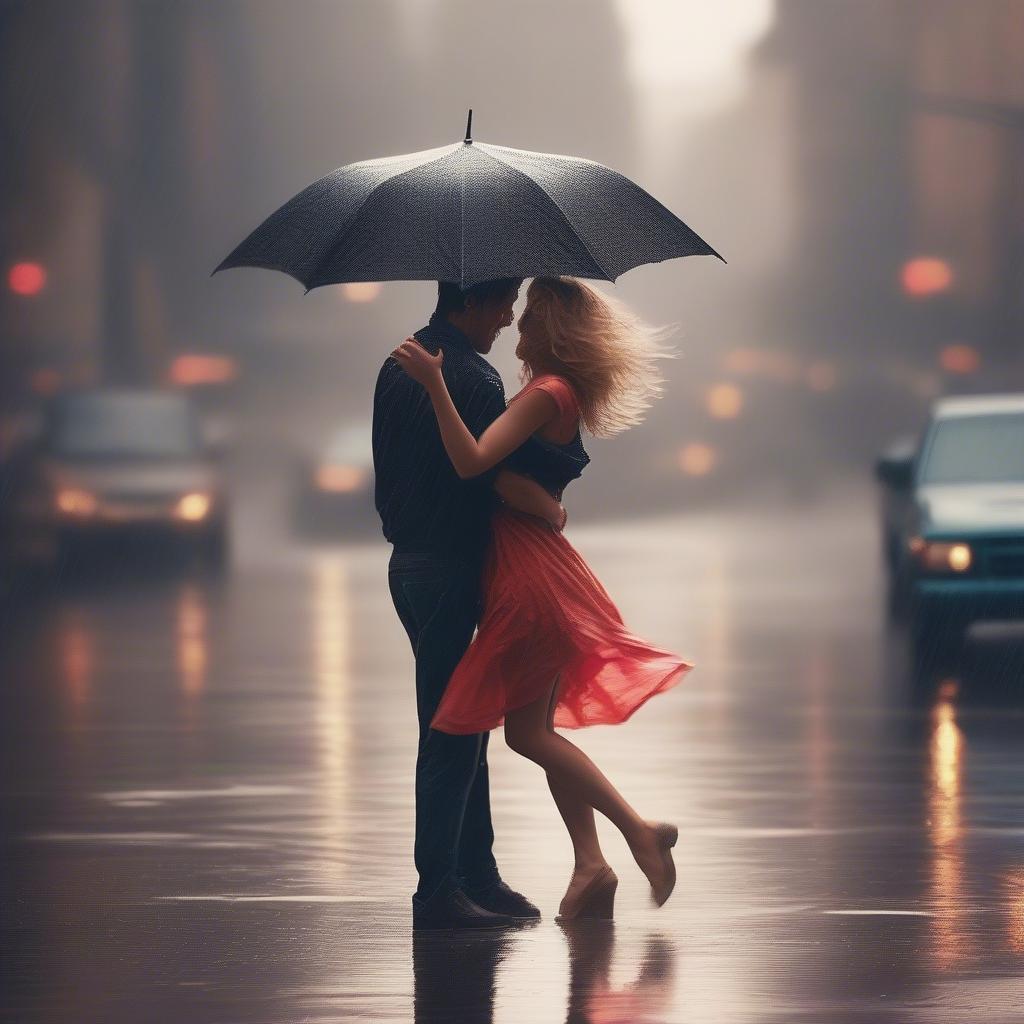 A couple dancing in the rain, embracing the moment.