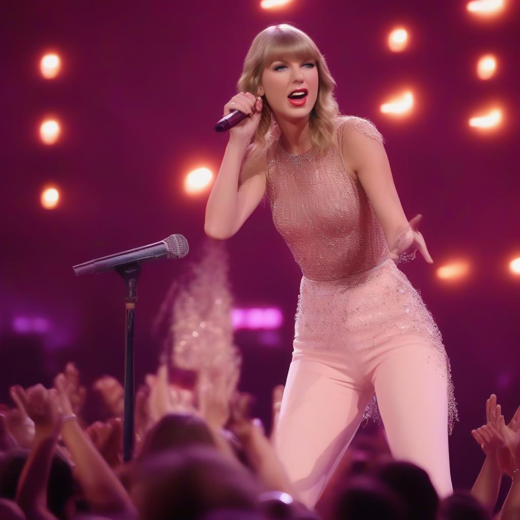 Taylor Swift singing with a microphone, surrounded by adoring fans.