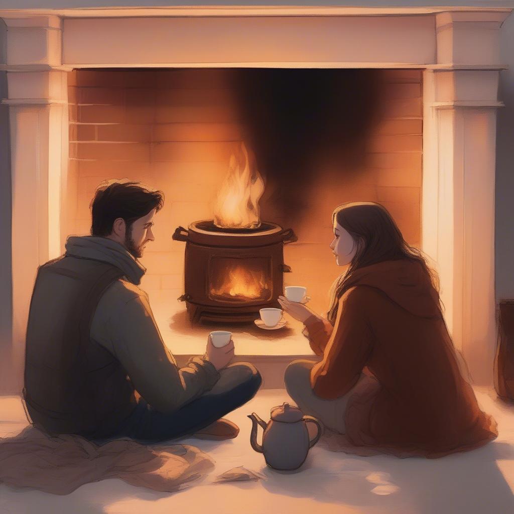 Couple Sharing Tea by a Cozy Fireplace