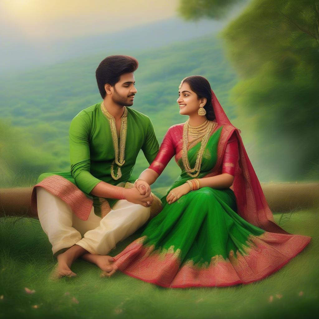 Romantic Telugu Love Quotes: A couple gazing lovingly at each other, surrounded by lush greenery. The image evokes a sense of deep connection and affection.