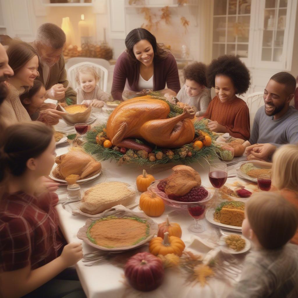 Family gathered around a Thanksgiving table, sharing laughter and love