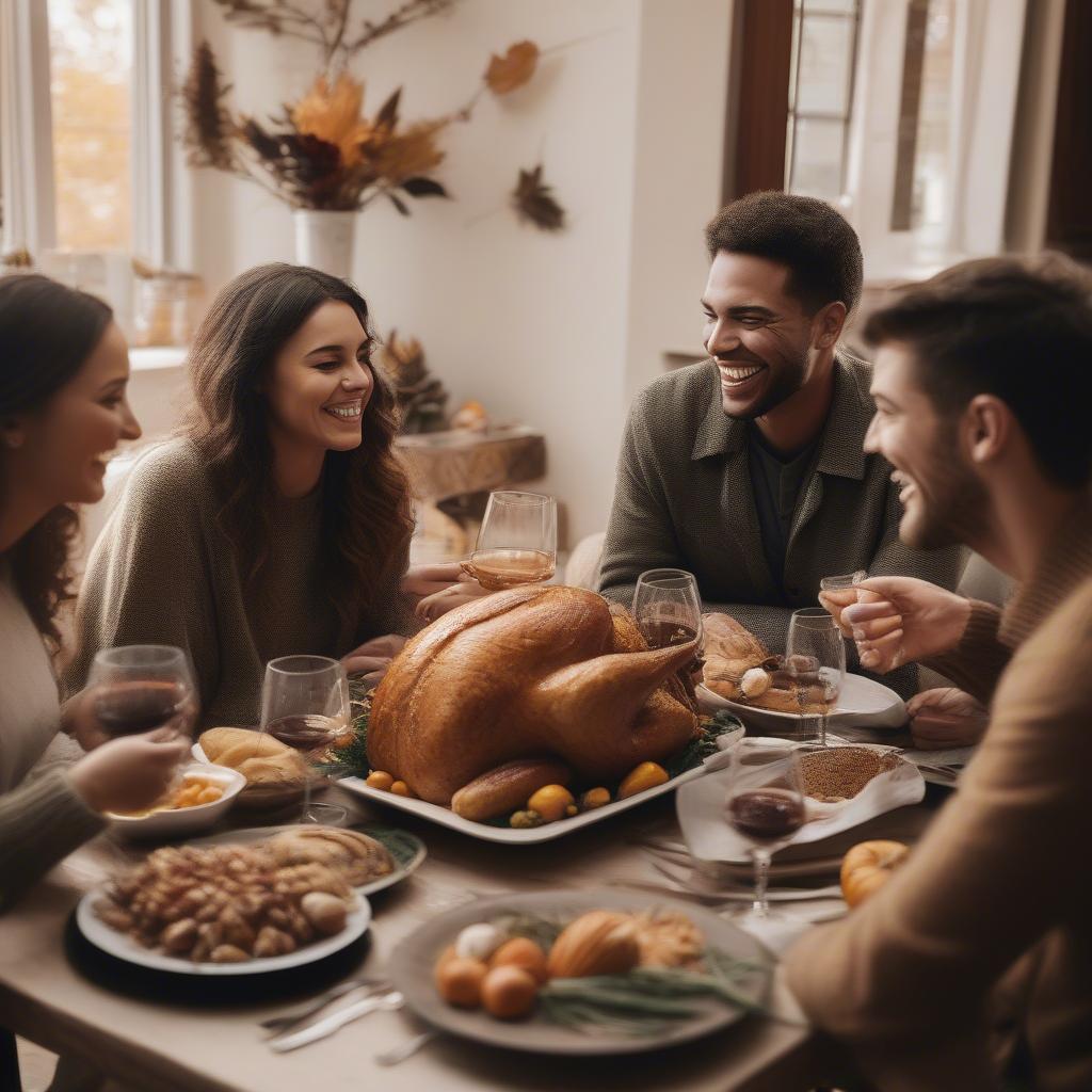 Friends sharing a Thanksgiving meal together, expressing gratitude and affection.