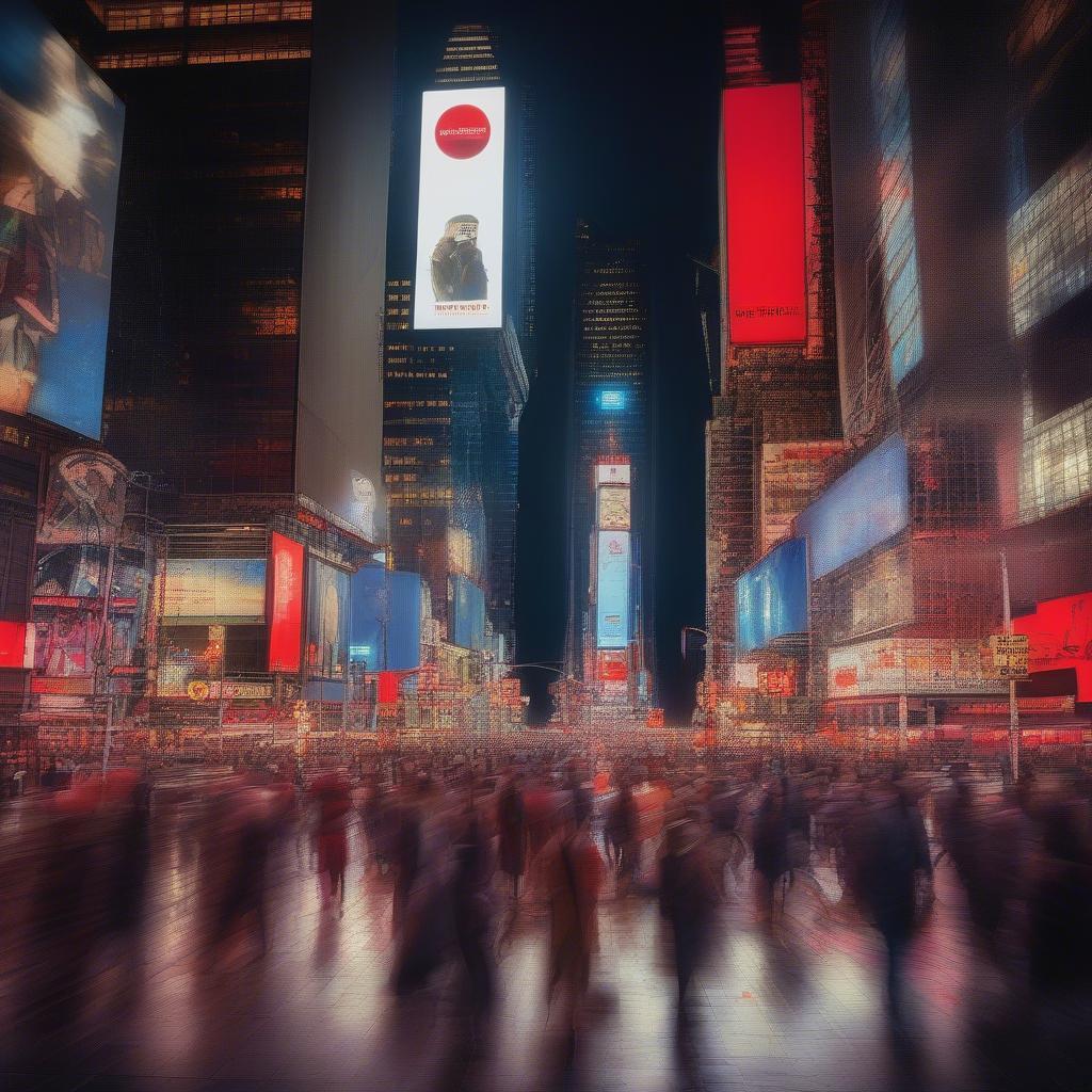 Times Square New York City: A vibrant image of Times Square at night, showcasing the bright billboards, bustling crowds, and the iconic red stairs.