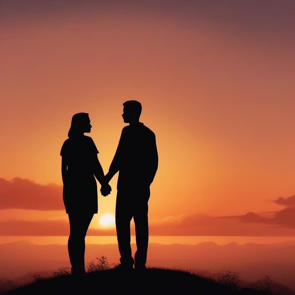 Couple Silhouetted Against a Vibrant Sunset Holding Hands