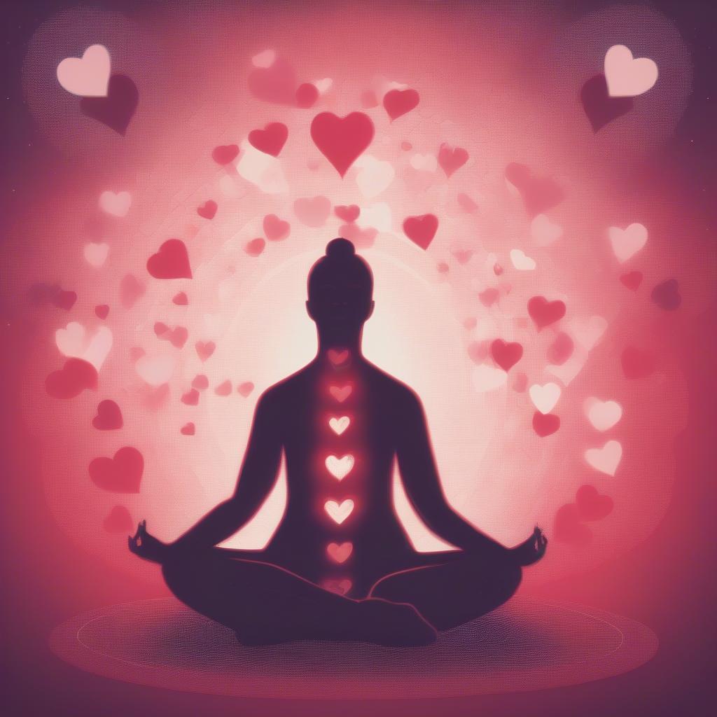 Image of a person meditating with a serene expression, surrounded by hearts