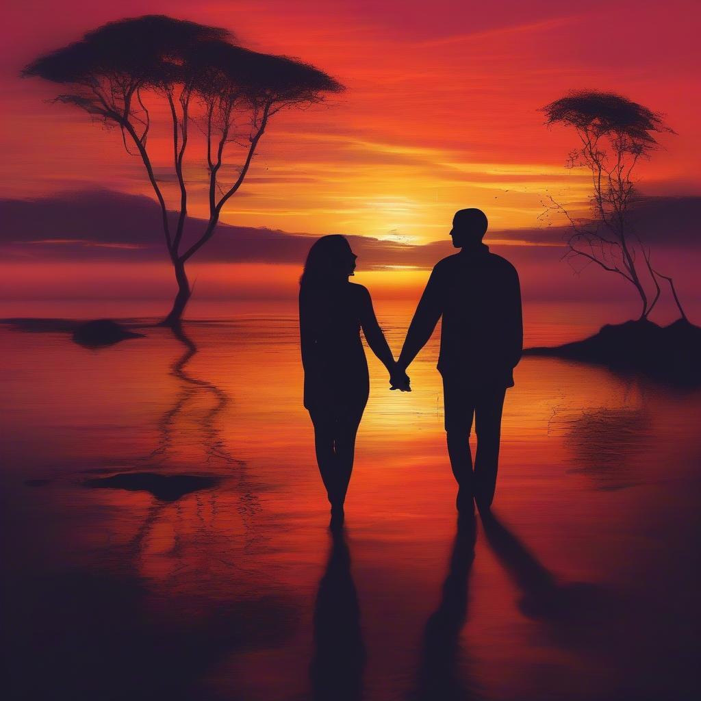 Couple Silhouetted Against a Sunset Holding Hands