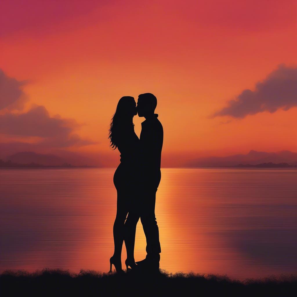 Couple Silhouetted Against a Sunset Sharing a Tender Moment