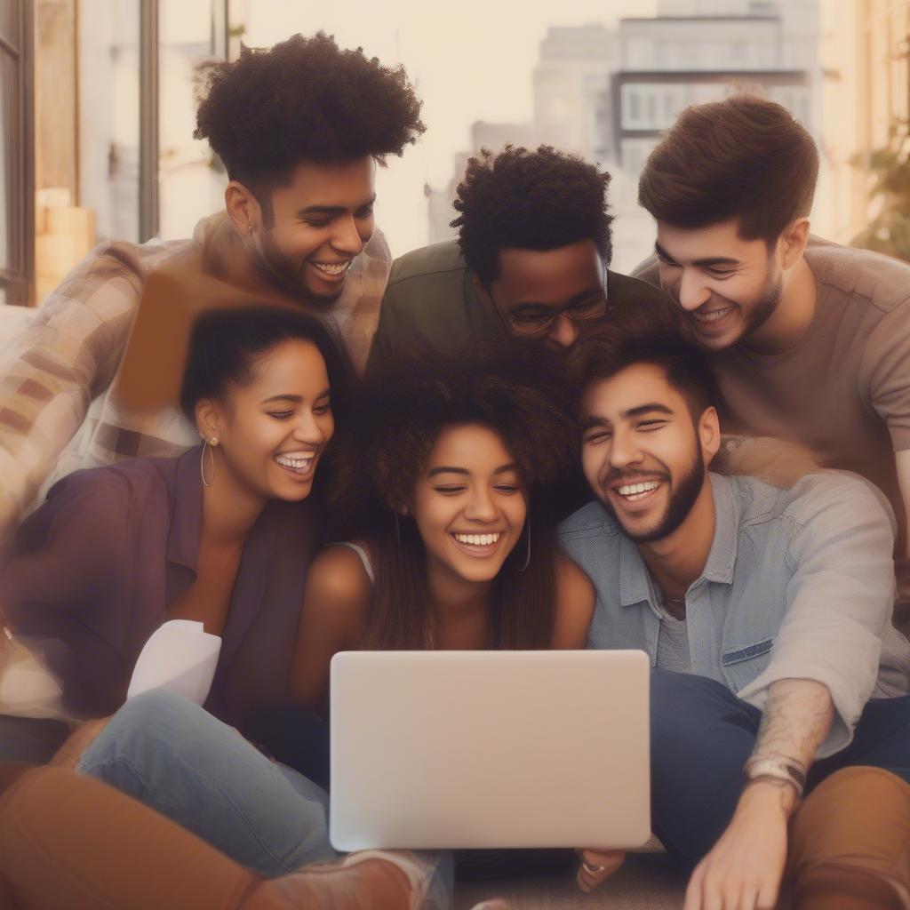 A group of friends gathered around, looking at love quotes on a laptop, laughing and sharing their thoughts.