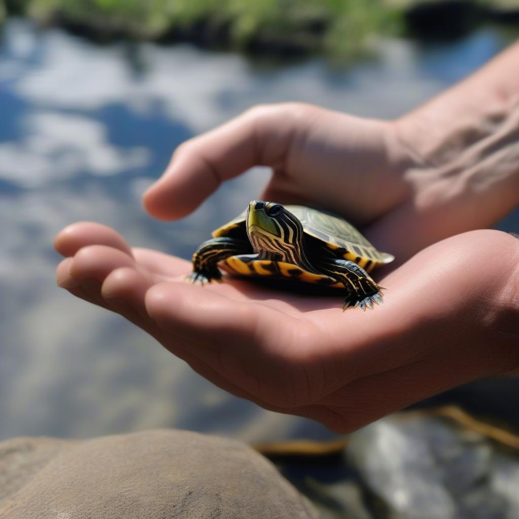 Turtle Basking Near Owner