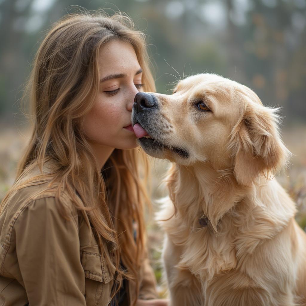 Dog showing unconditional love by licking its owner's face