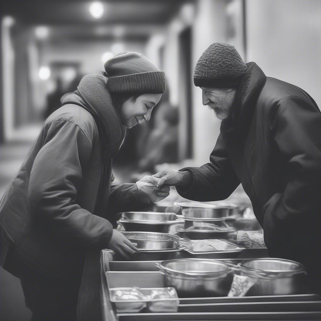 A person volunteering at a homeless shelter, demonstrating unconditional love through service