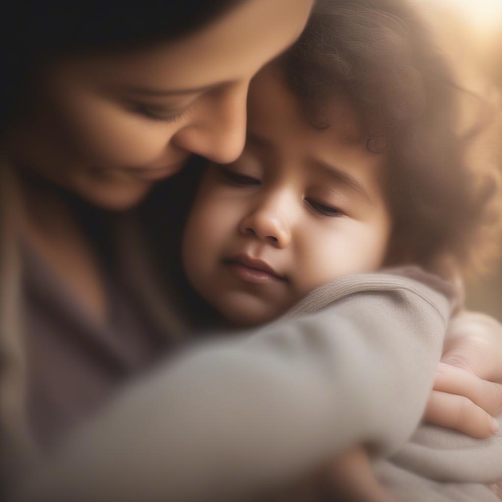 A mother hugging her child tightly, expressing unconditional love.