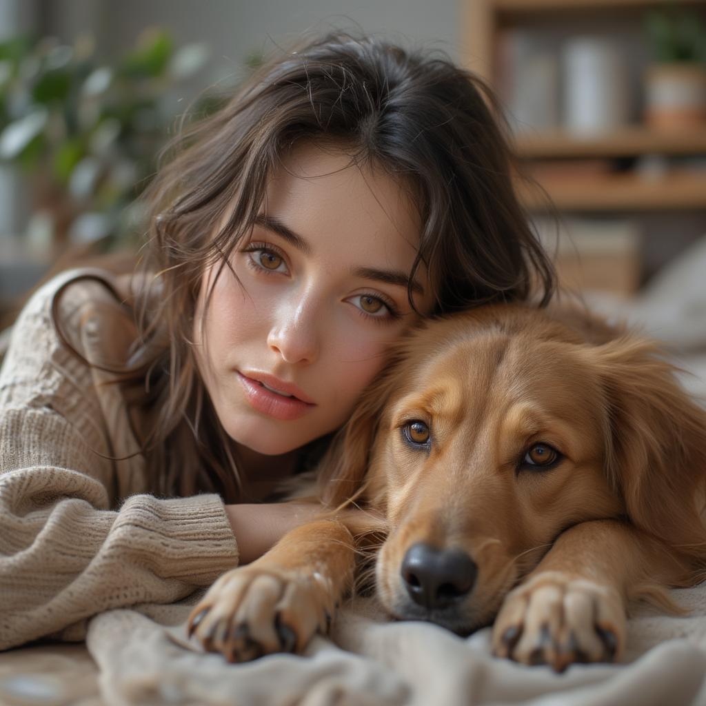 A person cuddling their dog on the floor.