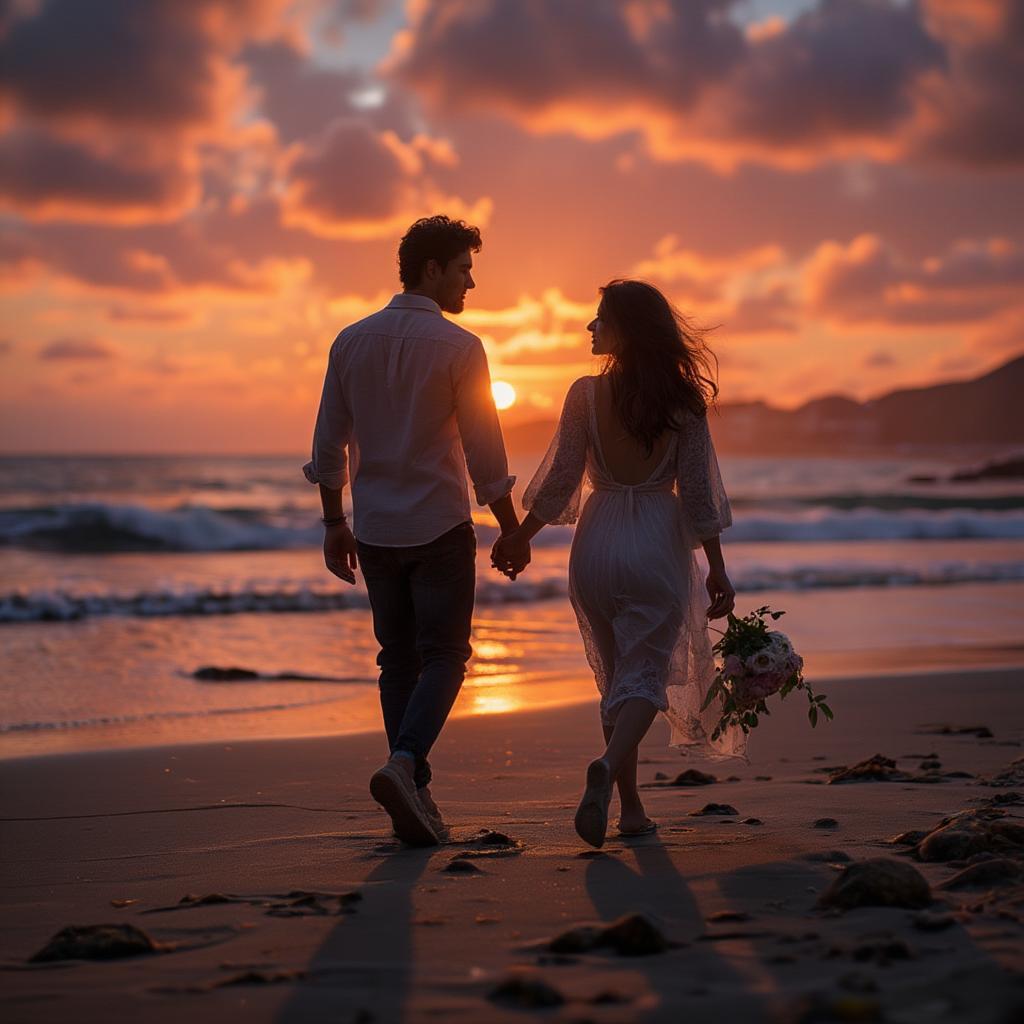 Couple walking on a beach at sunset, holding hands, symbolizing unforgettable love.