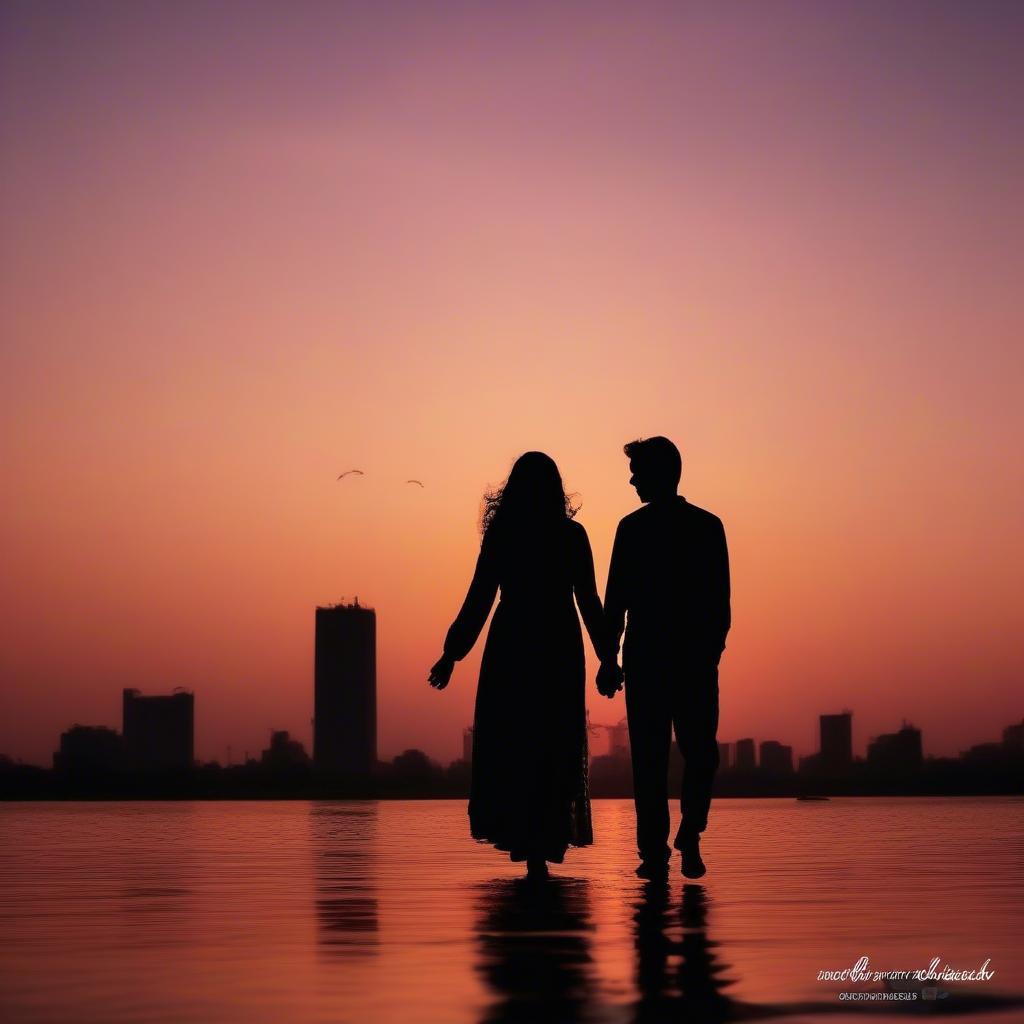 Silhouette of a couple against a sunset backdrop with an Urdu love quote overlaid