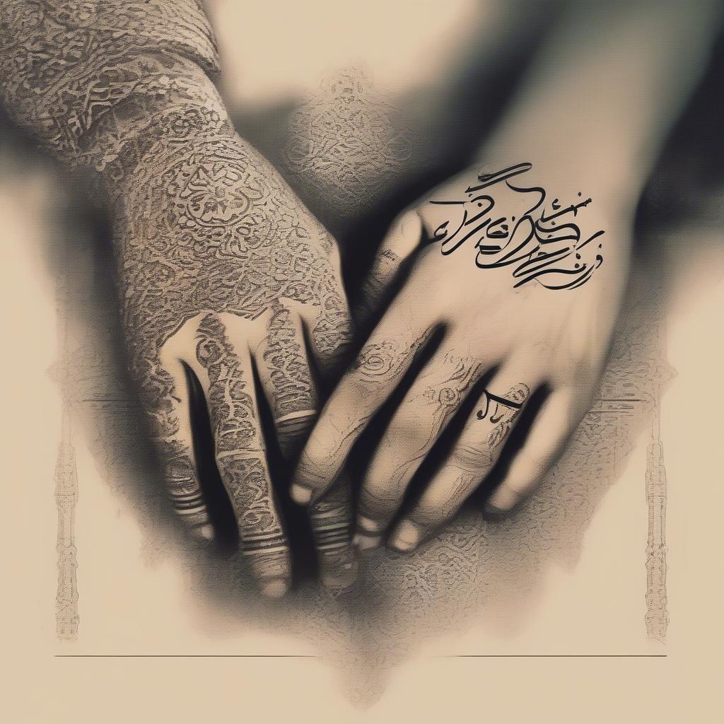 A couple holding hands with Urdu calligraphy of the word "Ishq" overlaid.