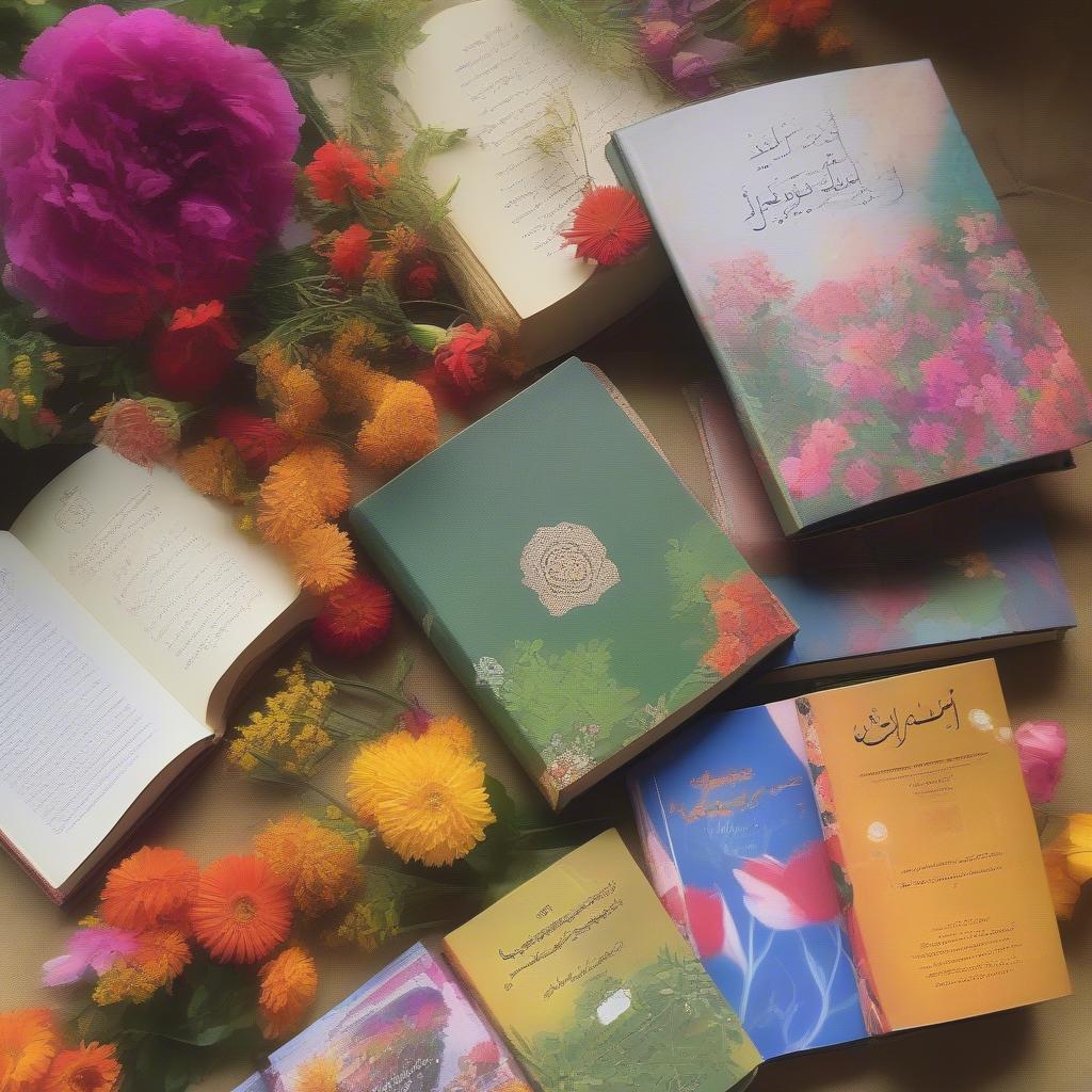 A collection of Urdu poetry books adorned with flowers.