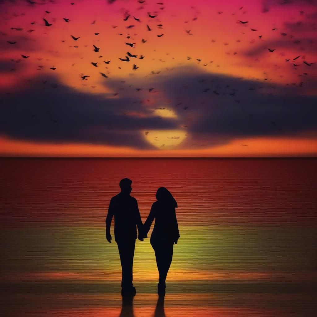 Silhouette of a couple against a sunset with Urdu poetry overlaid.