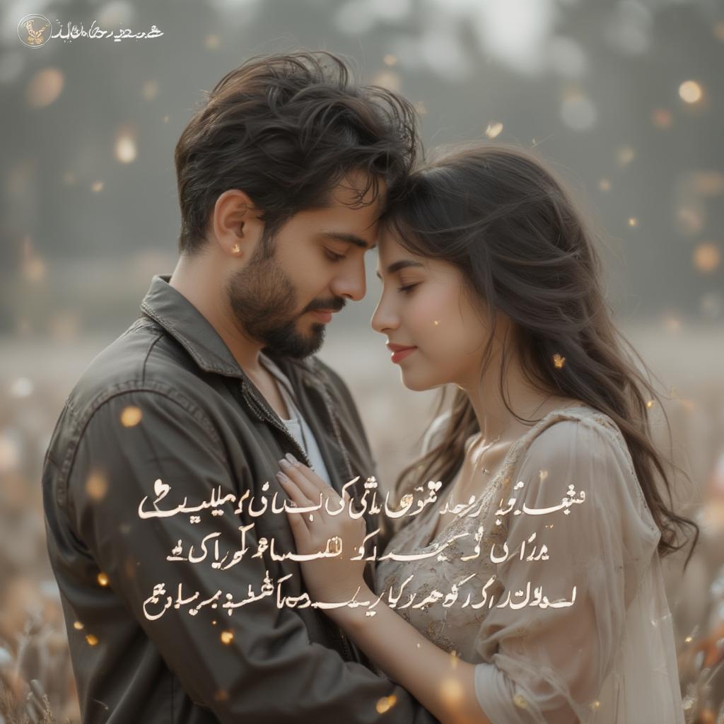 Couple embracing with Urdu poetry overlay