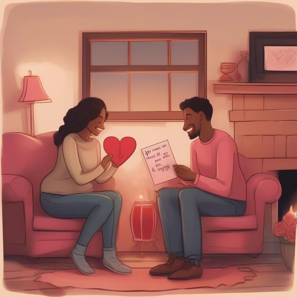 Couple exchanging Valentine's Day cards with heartfelt quotes