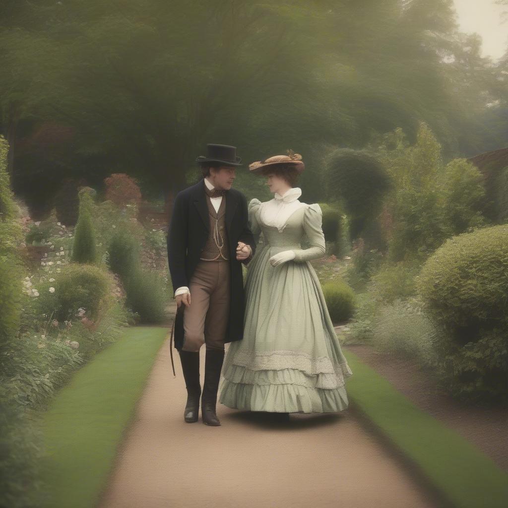 Victorian Couple Strolling in a Garden