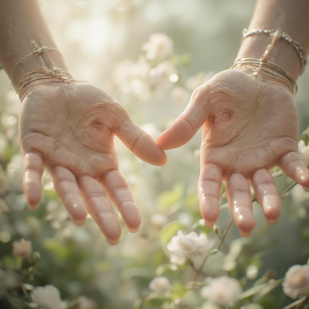 Two hands reaching towards each other, almost touching, amidst a soft, blurred background.