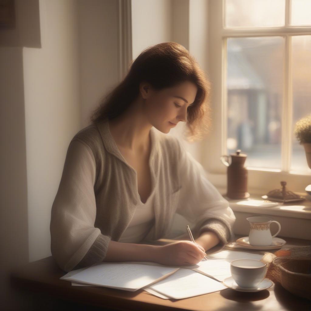 Woman writing a love letter while waiting for her beloved