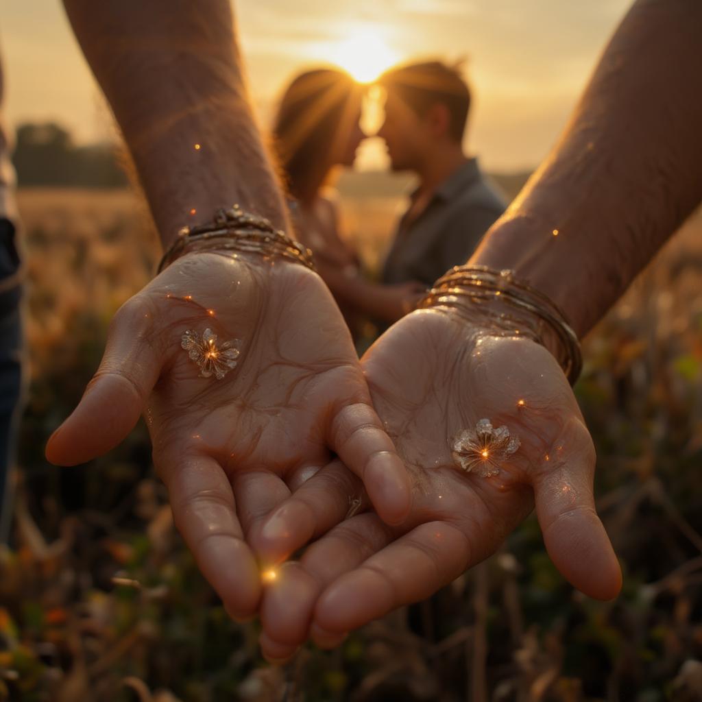 A couple holding hands, gazing into each other's eyes.