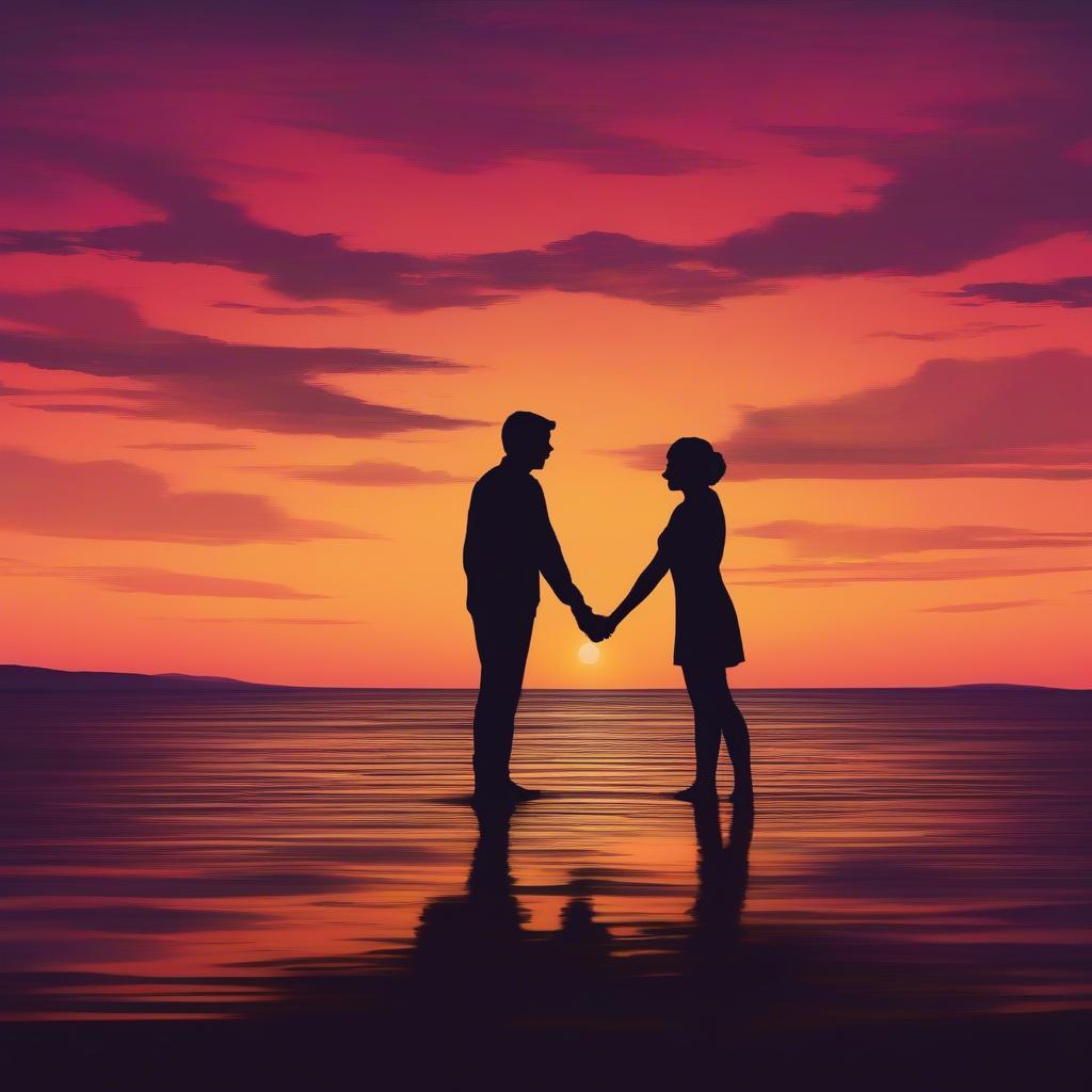 Couple holding hands looking at the sunset