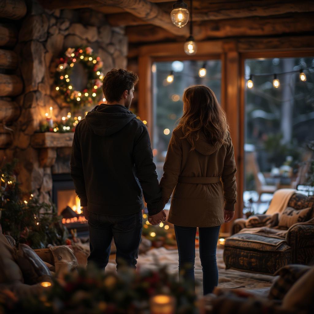 Cozy Winter Cabin Scene with Fireplace and Love Quotes