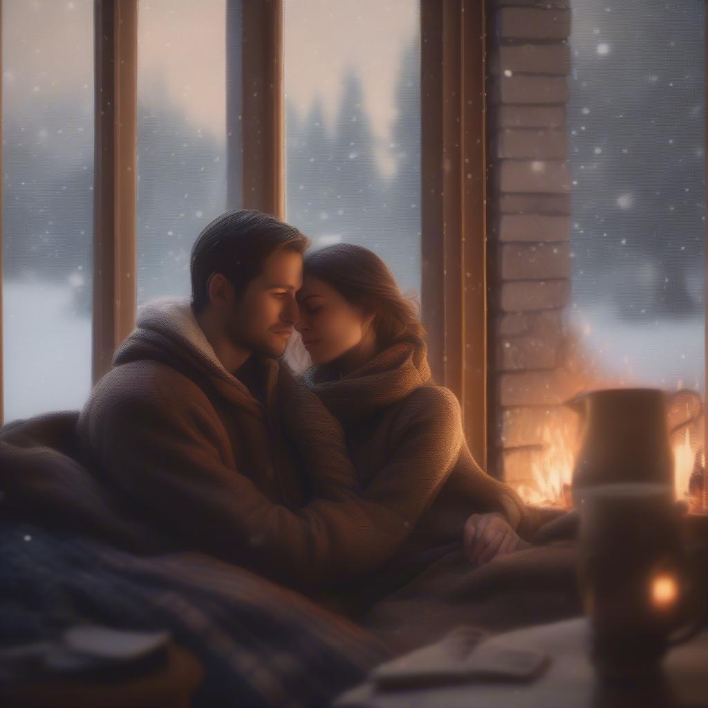 Couple hugging by a fireplace in winter