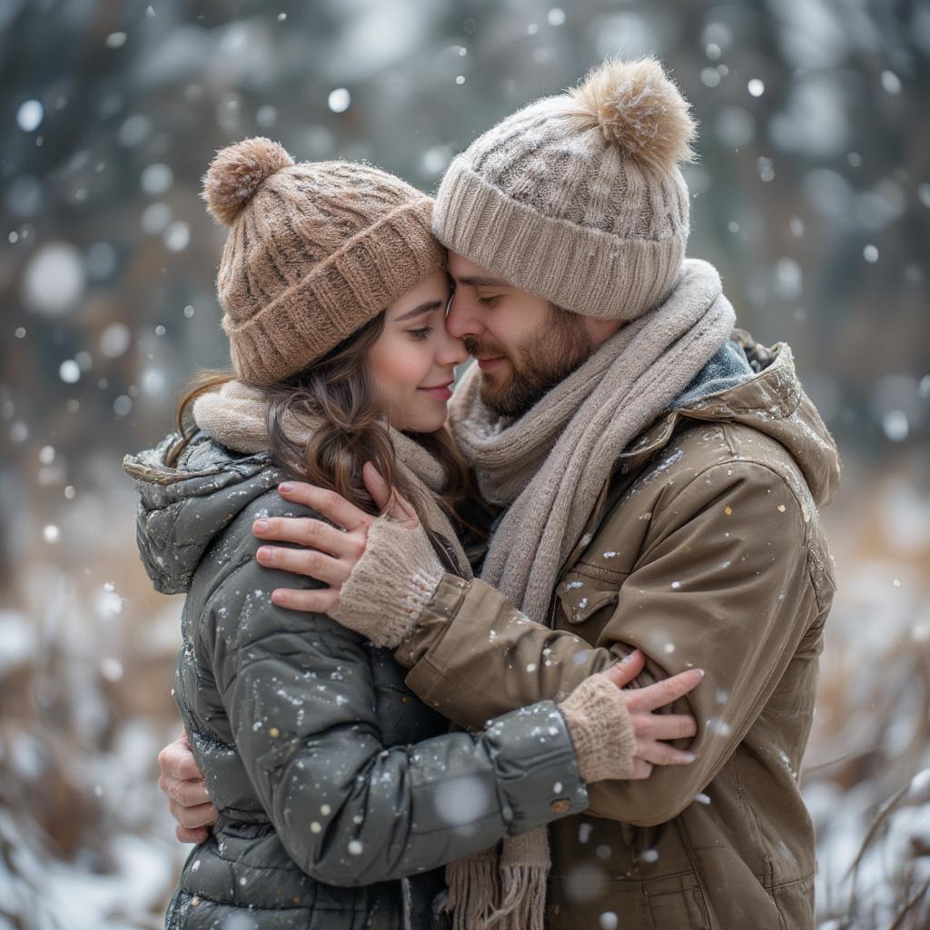 Couple Embracing in Snowy Landscape with Love Quotes Overlay