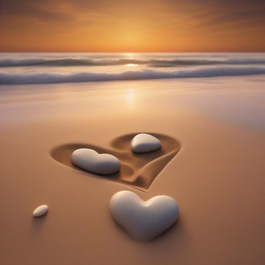 Heart-Shaped Stones on the Beach Symbolizing Love and Wise Quotes