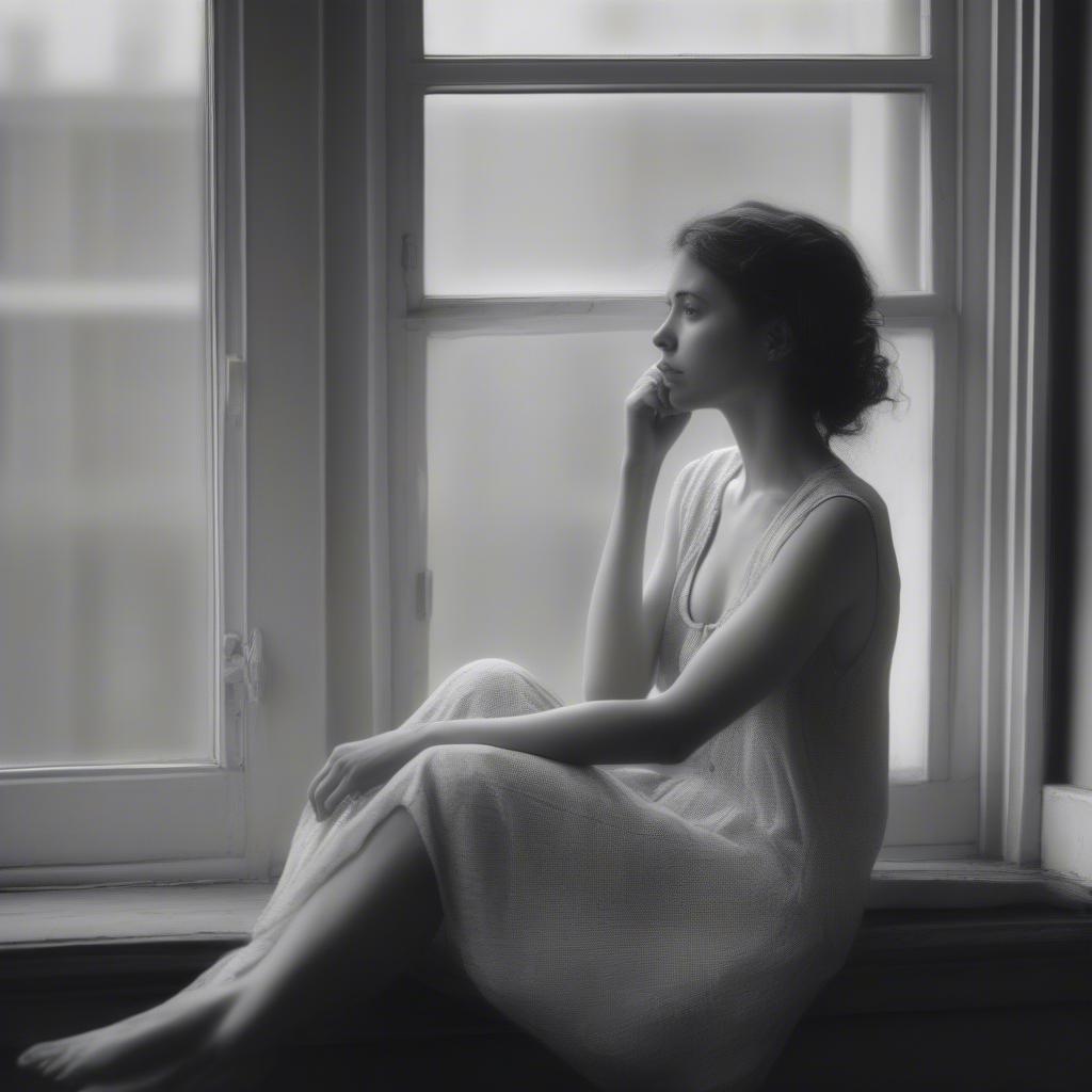 A woman looking thoughtfully out a window, pondering the complexities of love.