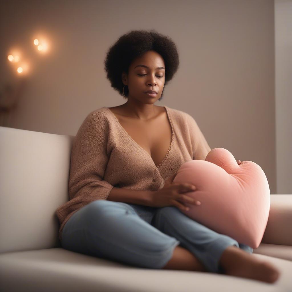 Woman Holding a Heart-Shaped Pillow