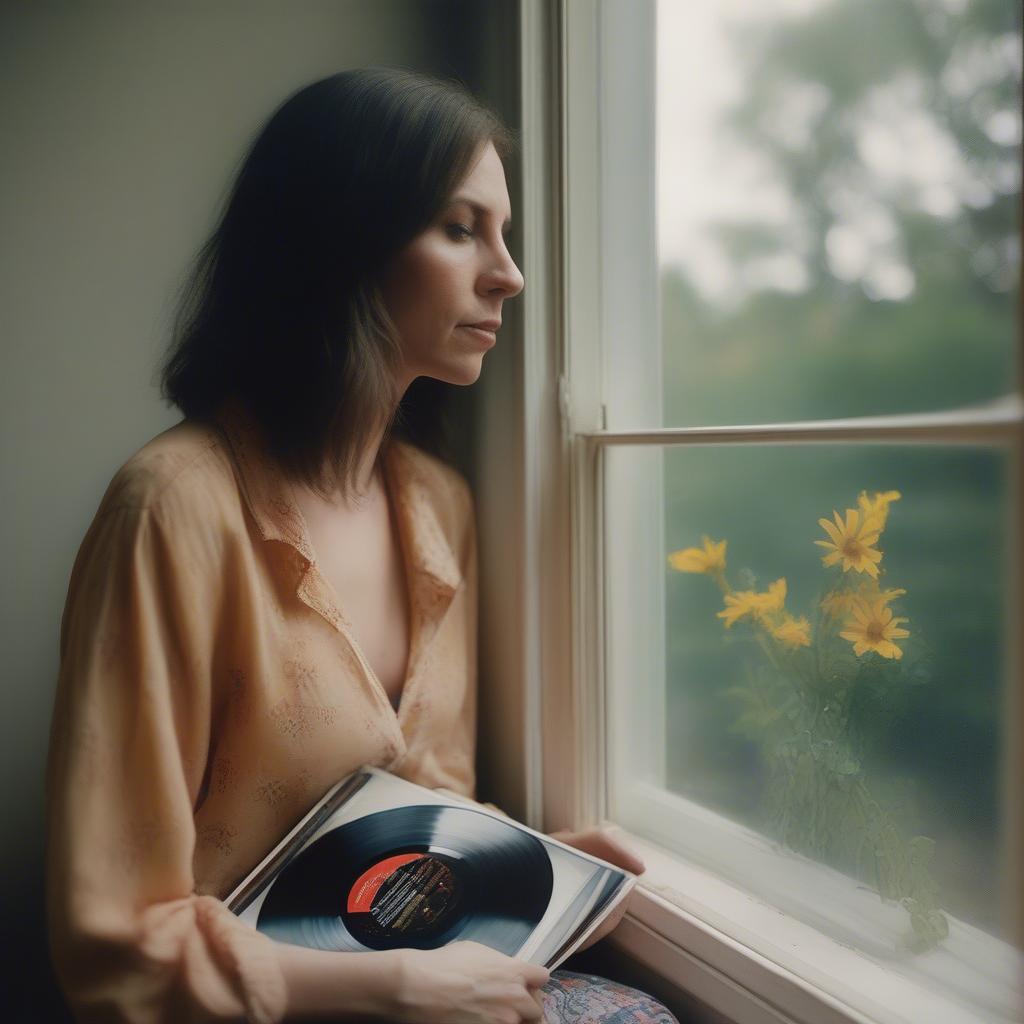 Woman Holding a Tom Petty Record, Gazing Thoughtfully