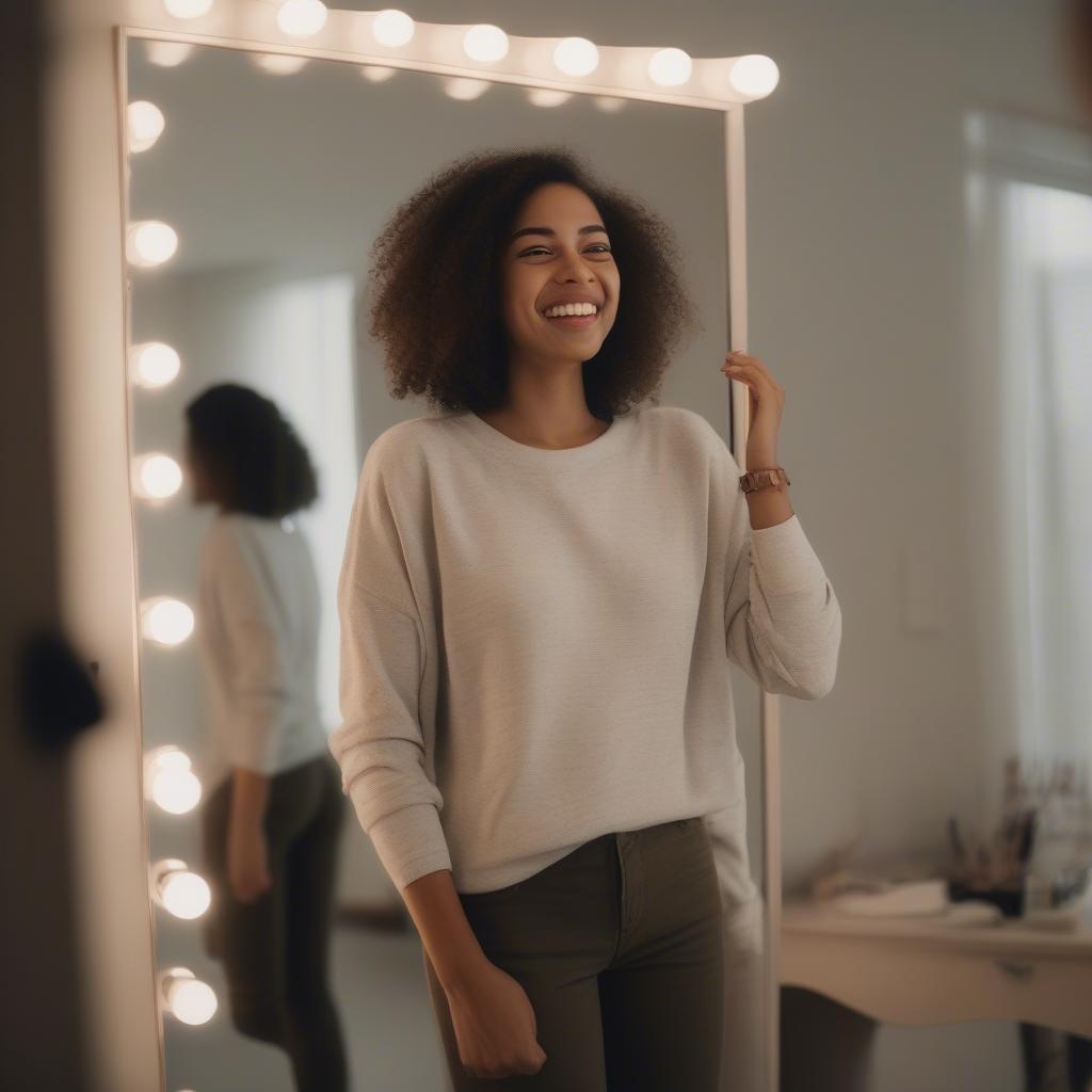 Woman Looking Confidently in Mirror