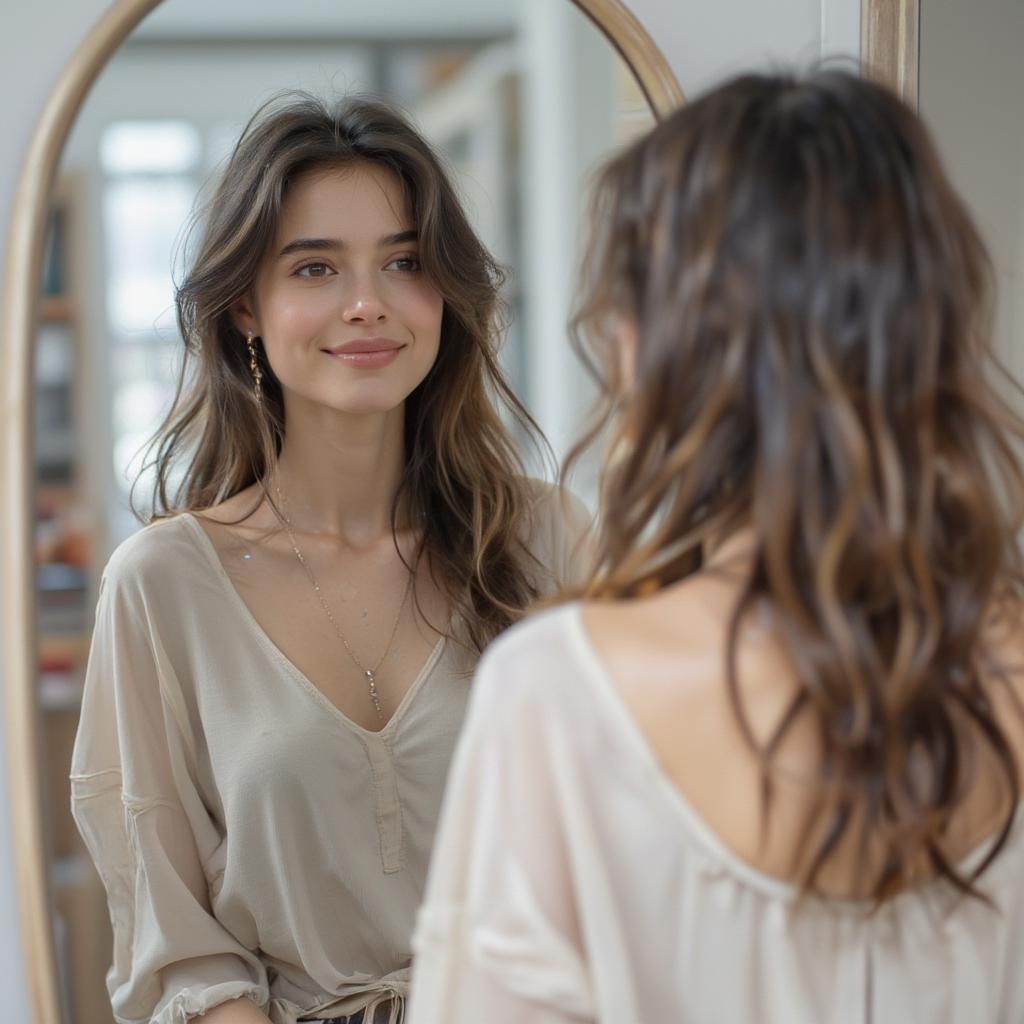 A woman looks at herself in the mirror with a smile, showing self-acceptance and body positivity.