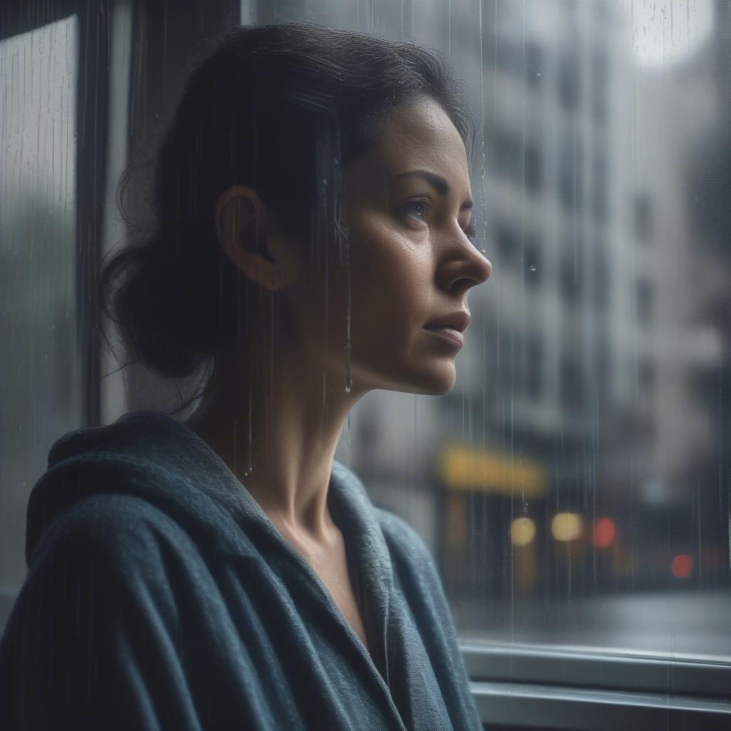 Woman gazing thoughtfully out a window on a rainy day.