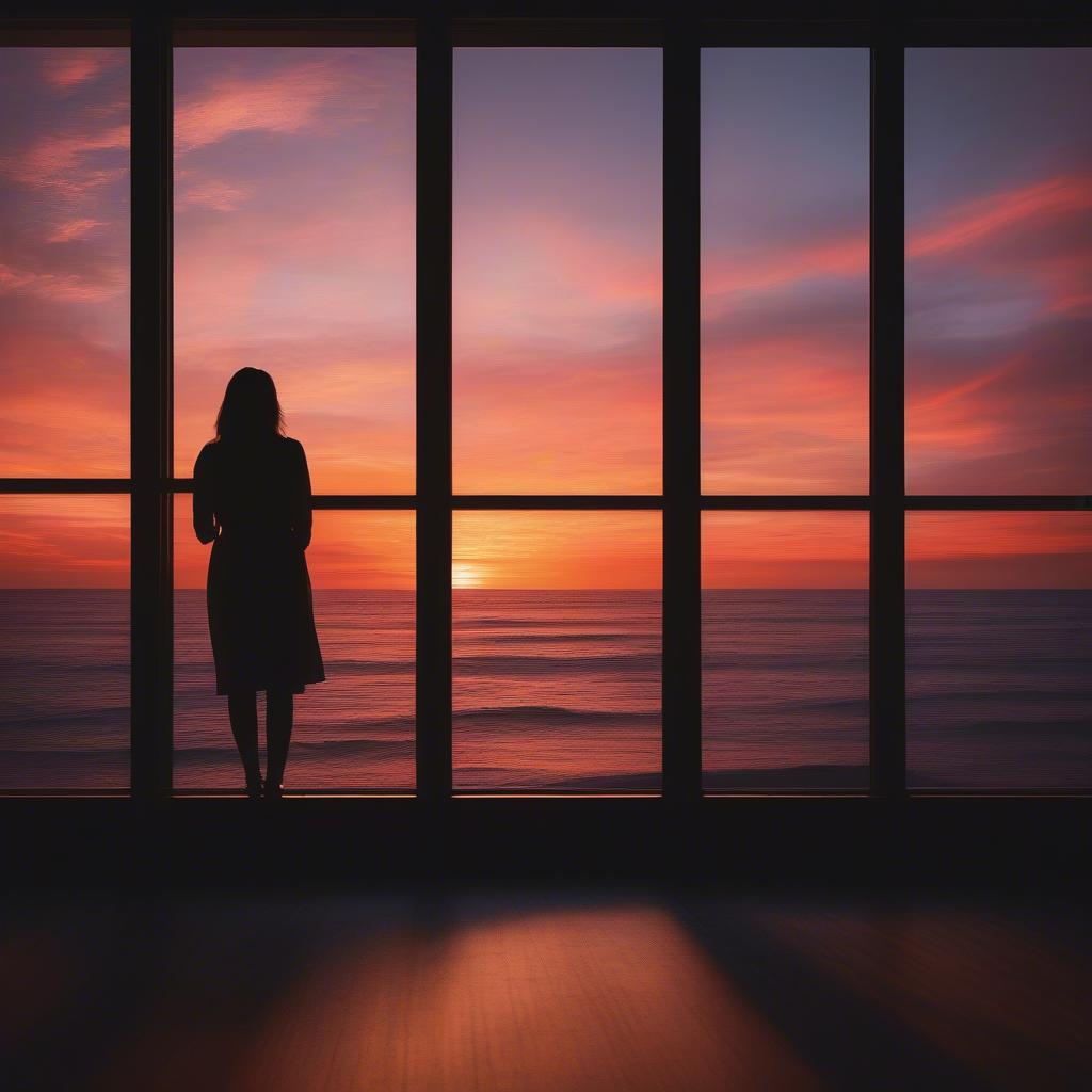 Woman Looking Out Window at Sunset