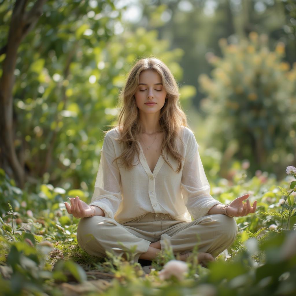 A woman meditating surrounded by nature.